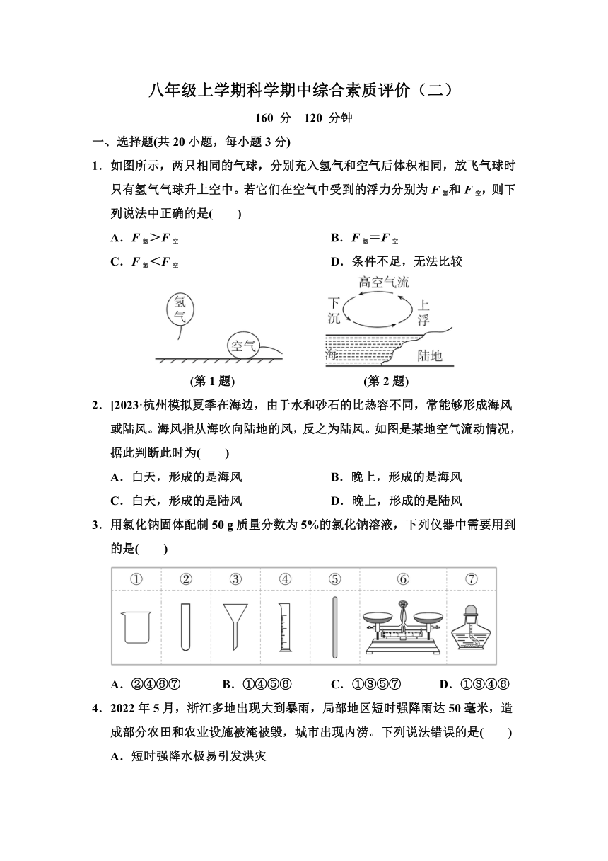 浙江省八年级上册科学期中综合素质评价（二）（含答案 1-2章）