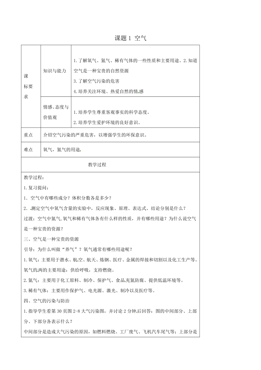 人教版初中化学九年级上册 第二单元课题1 空气  教学设计(表格式）