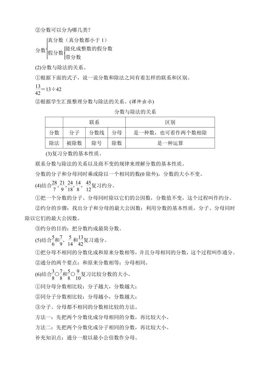 北师大版五年级数学上册  总复习《分数的意义》 教案