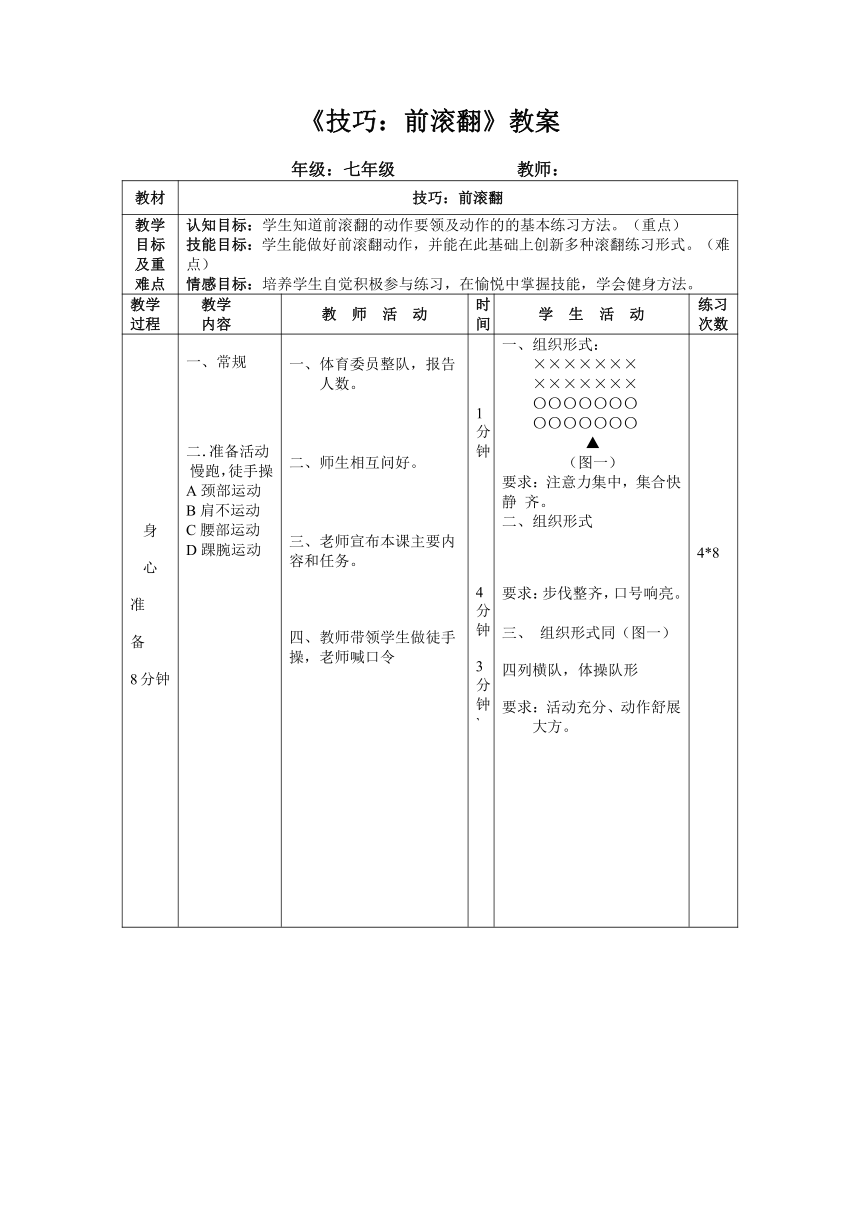 第七章体操 技巧 前滚翻 教案（表格式）2021-2022学年《体育与健康》人教版七年级全一册-