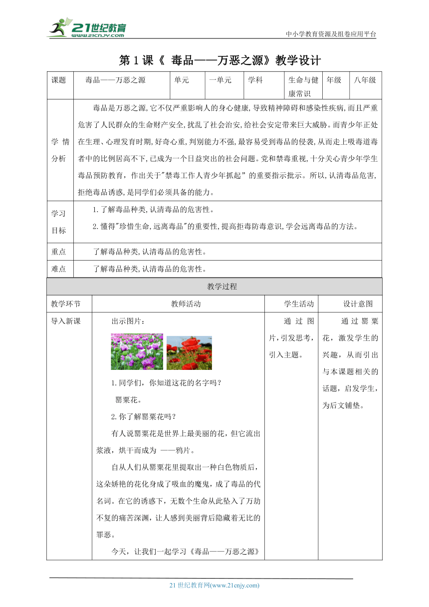 《生命与健康常识》八年级下册 第1课《毒品——万恶之源》教案