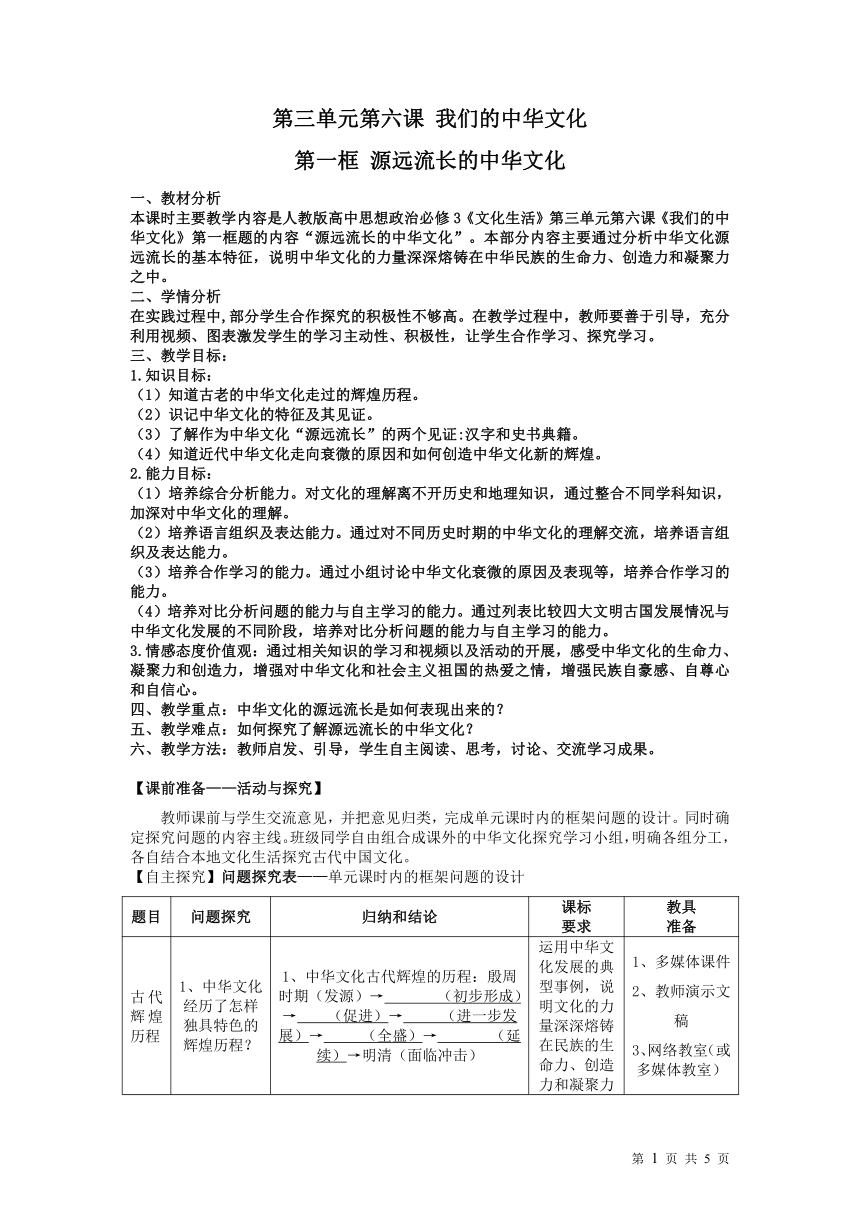 2020-2021学年高中政治人教版必修三文化生活-6.1 源远流长的中华文化 教案