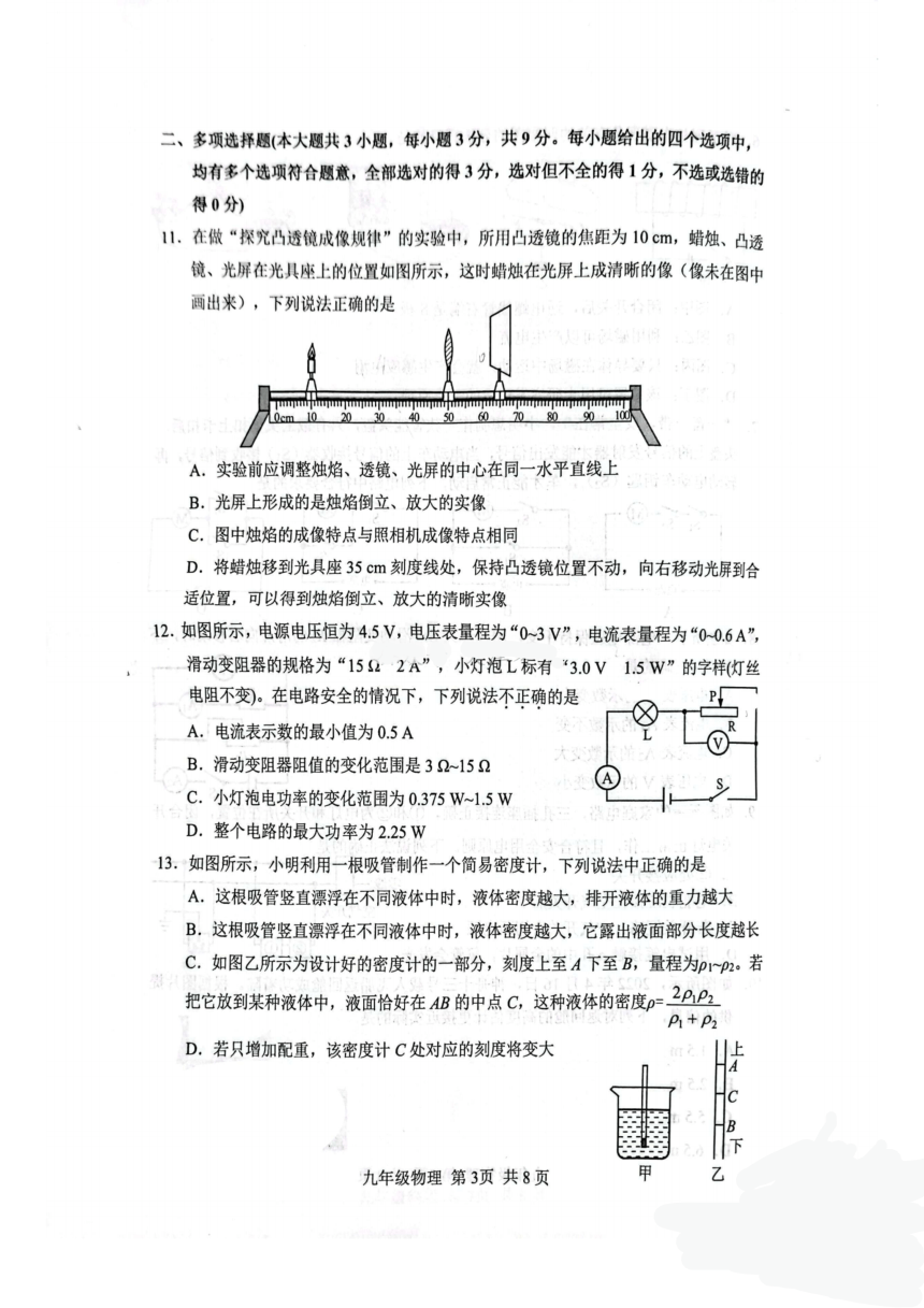 2023年天津市河北区中考一模物理试题（PDF版 无答案）