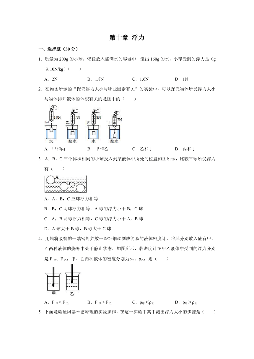 2020－2021学年人教版物理八年级下册第十章 浮力单元测试卷（Word版 含答案）