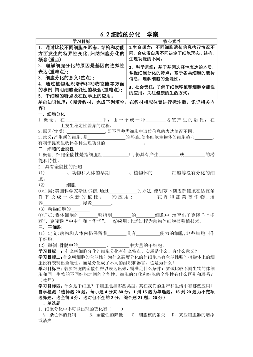 6.2细胞的分化  学案（有答案）-2022-2023学年高一上学期生物人教版（2019）必修1