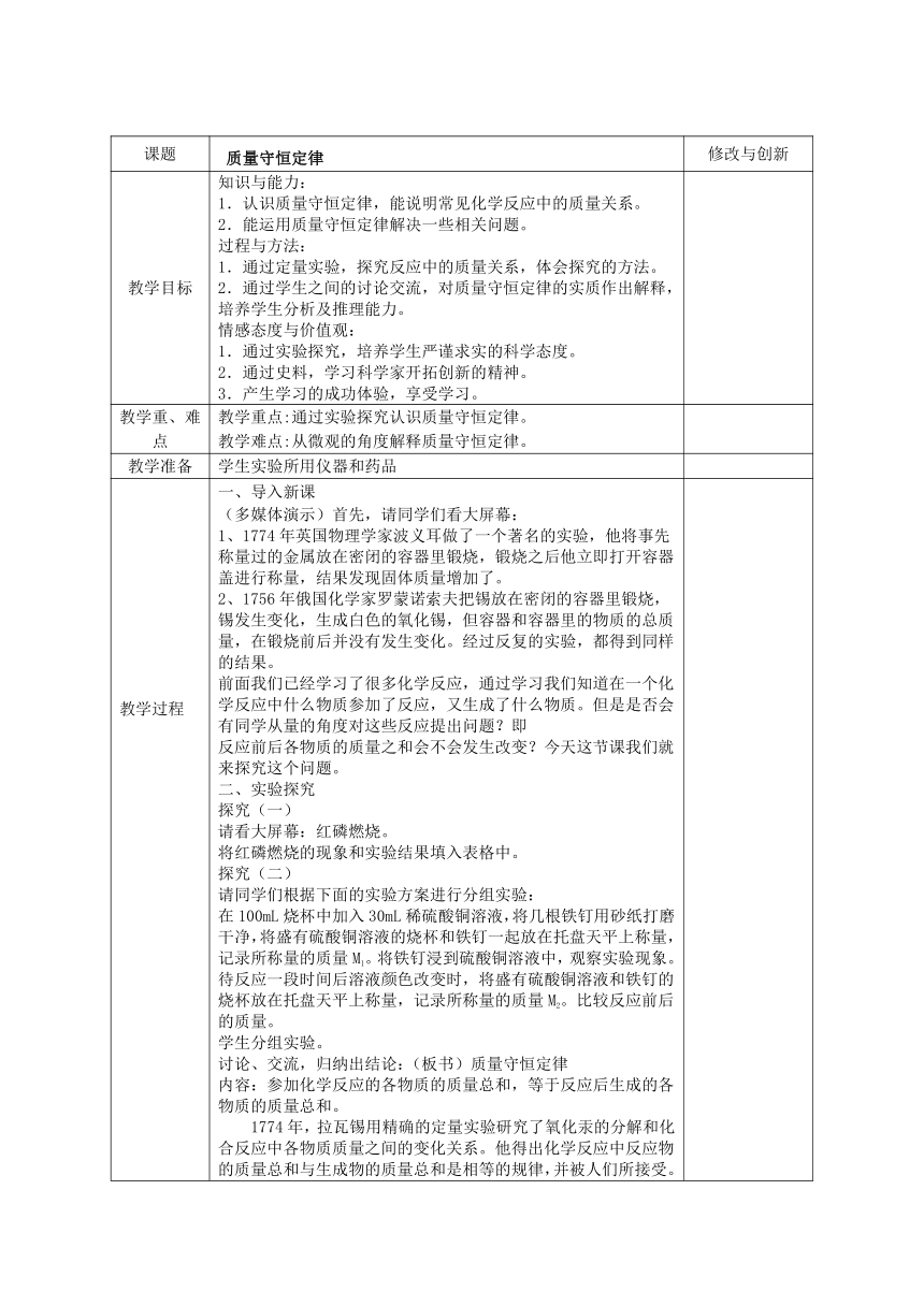 人教版（五四学制）化学八年级全册 第五单元  课题1   质量守恒定律  教案（表格式）