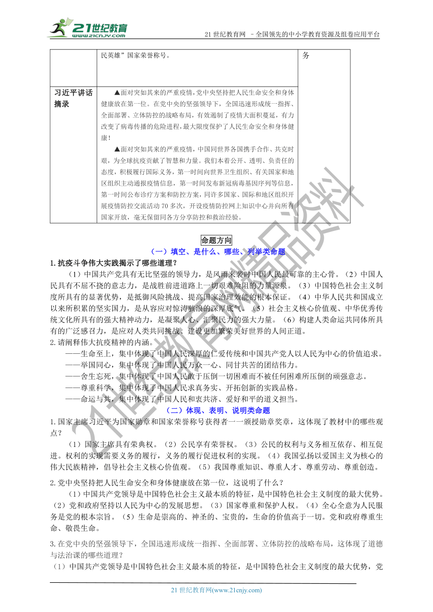 2021年中考道德与法治时政热点复习学案：全国劳动模范和先进工作者表彰大会和抗击新冠肺炎表彰大会