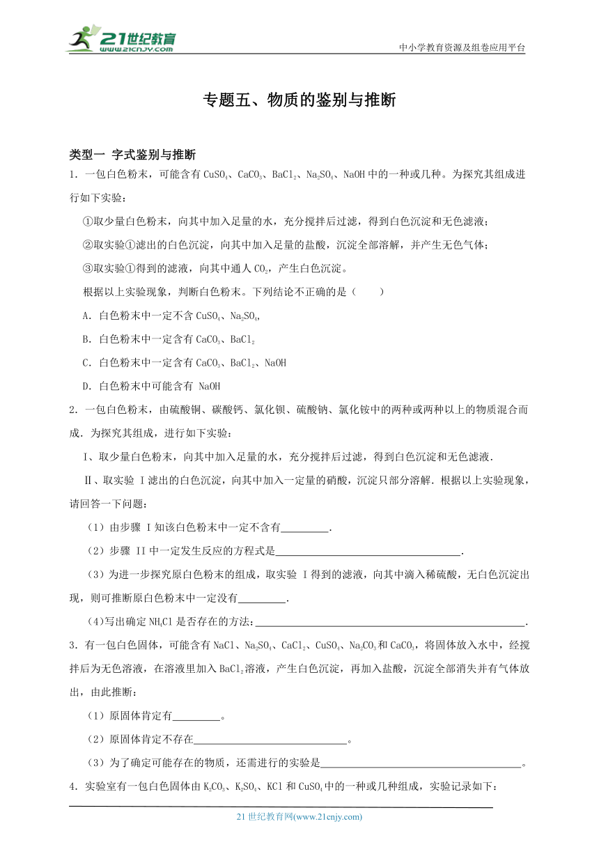 浙教版九上第一章专题五 物质的鉴别与推断（含解析）