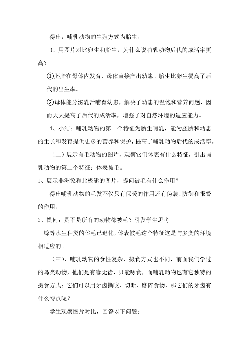 5.1.7  哺乳动物 教学设计（含答案）2022-2023学年人教版生物八年级上册