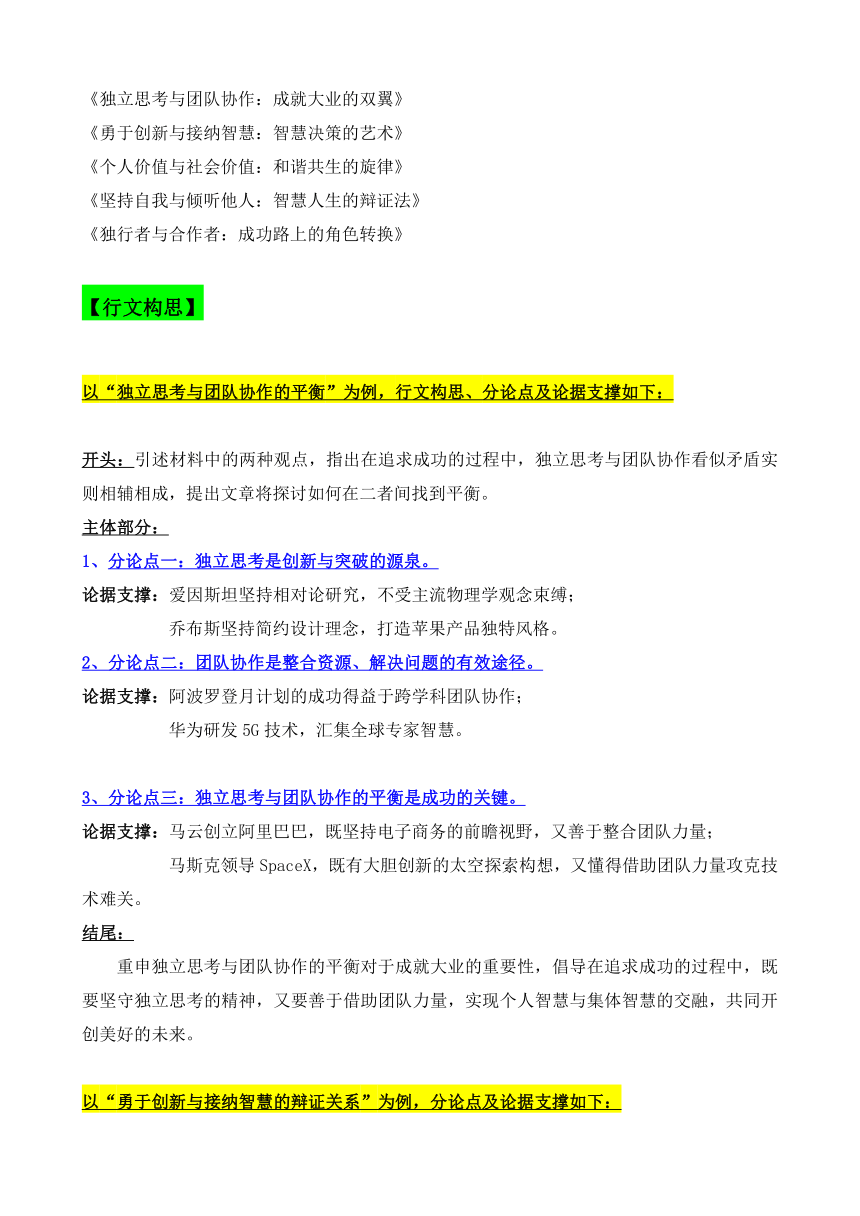 2024届高考写作指导：“成大功者不谋于众“一个好汉三个帮”多元思辨审题立意指导