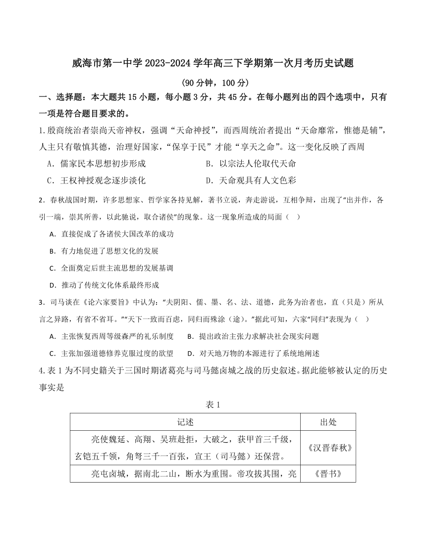 山东省威海市第一中学2023-2024学年高三下学期第一次月考历史试题（含答案）