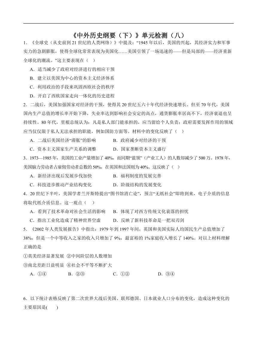 第八单元 20世纪下半叶世界的新变化 单元检测（含解析） 2023-2024学年高一统编版2019必修中外历史纲要下册