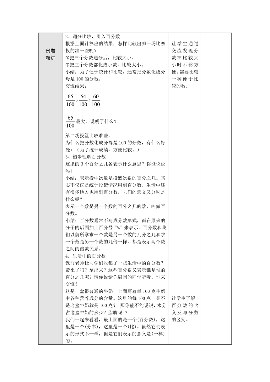 6.1百分数的意义和读写 教案--六年级数学上册 苏教版（表格式）