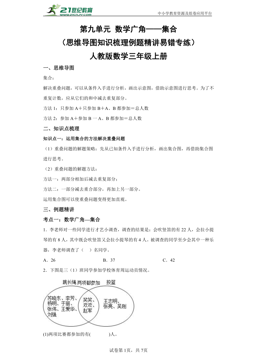 第九单元 数学广角——集合（思维导图知识梳理例题精讲易错专练）人教版数学三年级上册（含答案）