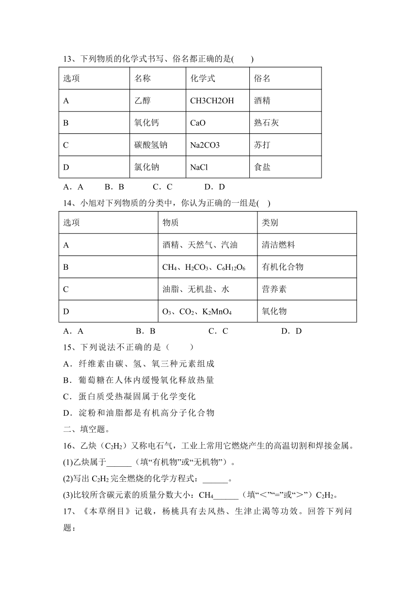 2022—2023学年化学沪教版（全国）九年级下册第8章  食品中的有机化合物  章末自练（含答案）