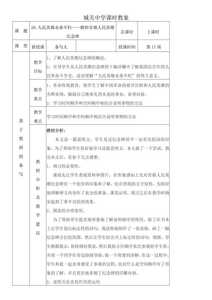 统编版语文八上20.人民英雄永垂不朽——瞻仰首都人民英雄纪念碑 教材教法教案（表格式）