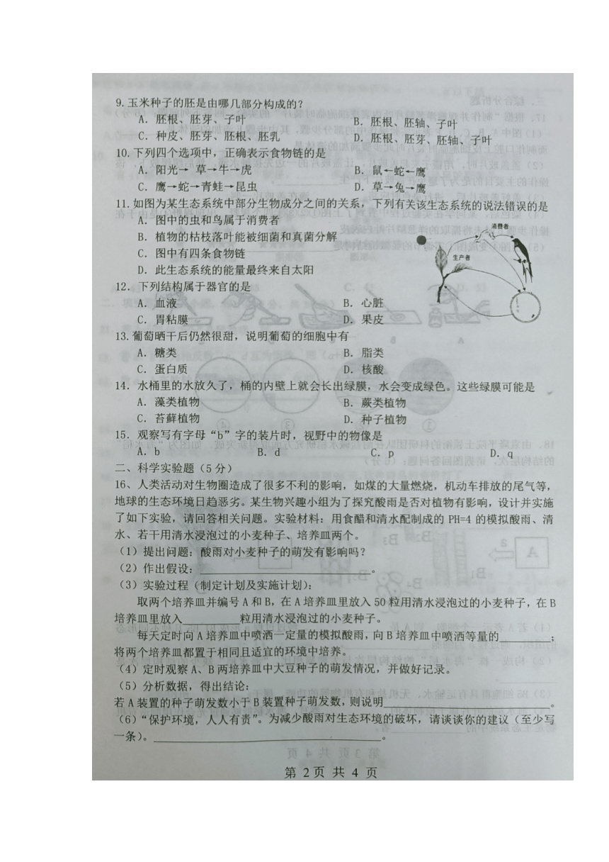 辽宁省大石桥市第一初级中学2021-2022学年七年级上学期期中考试生物试题（图片版，无答案）