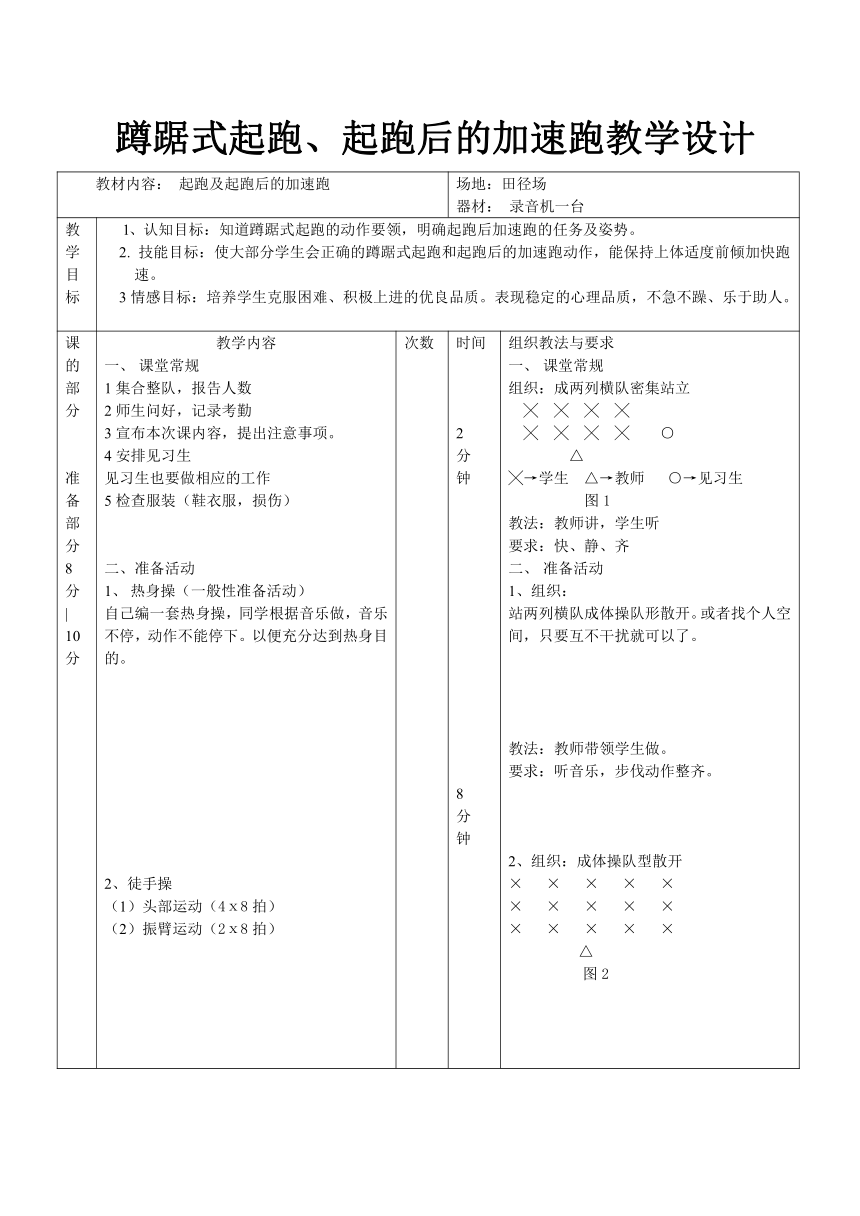 2021-2022学年人教版高中体育与健康全一册《蹲踞式起跑、起跑后的加速跑》教学设计（表格式）