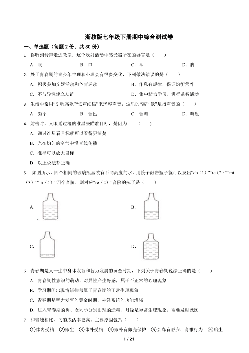 浙教版七年级下册期中综合测试卷（到第2章，含解析）