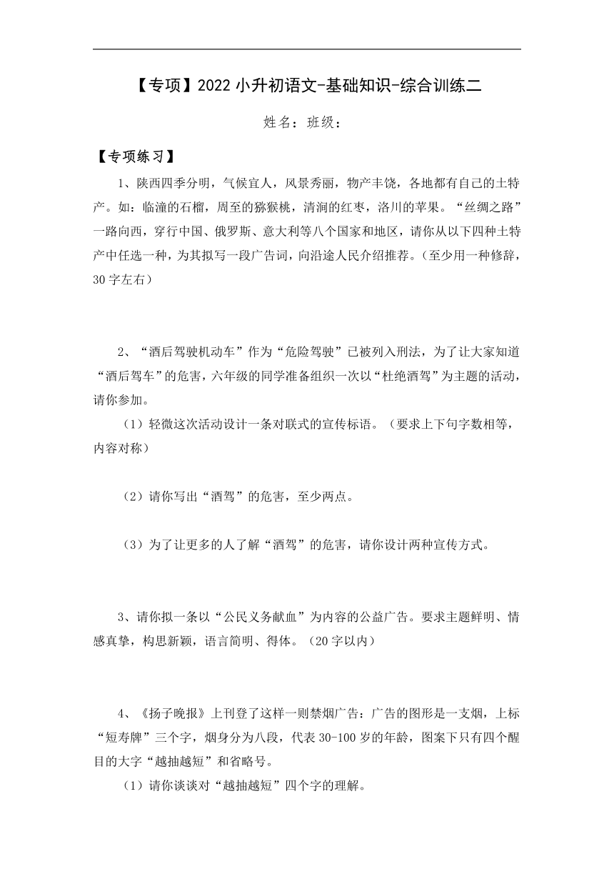 部编版六年级下册语文小升初基础专题专项突破综合训练二（含答案）