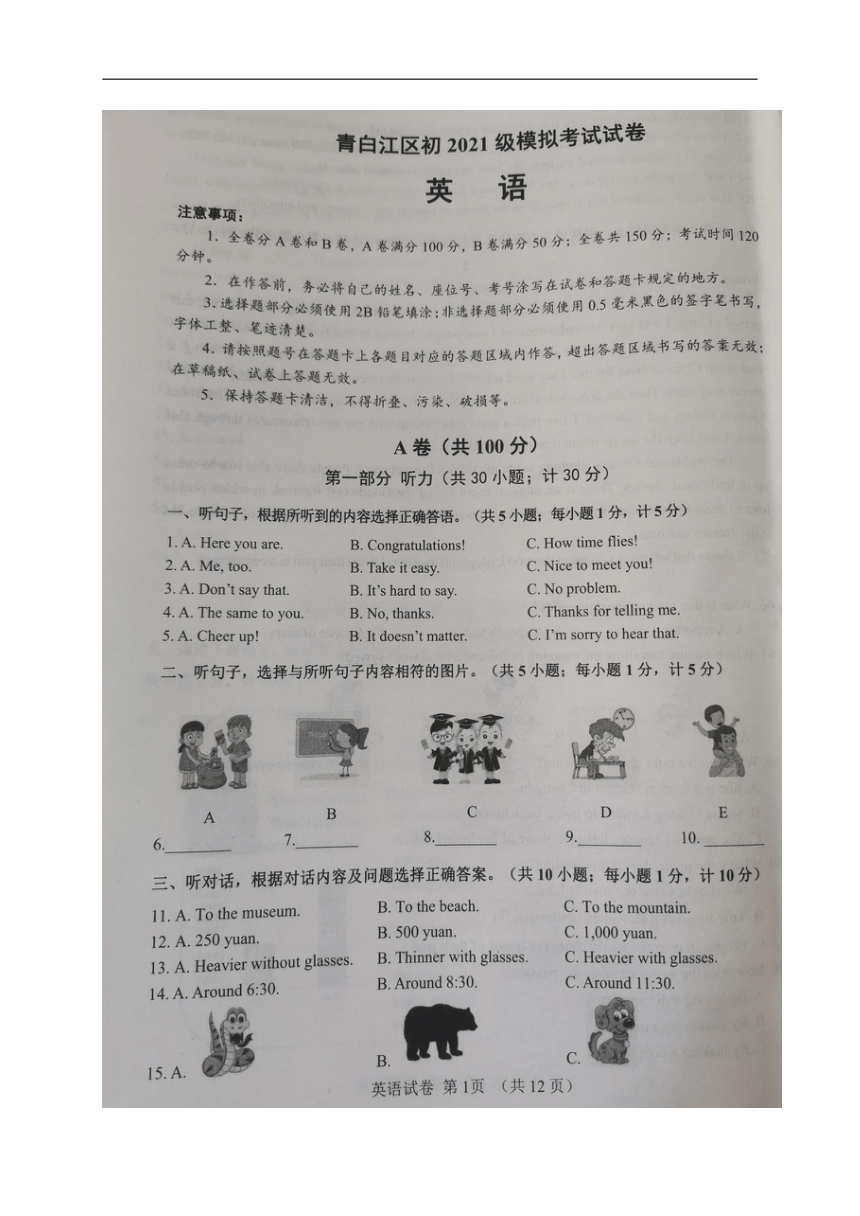 2024年四川省成都市青白江区九年级中考模拟考试英语试题（图片版，无答案）