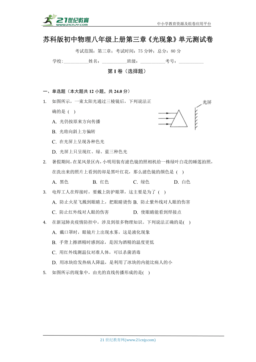 苏科版初中物理八年级上册第三章《光现象》单元测试卷（较易）（含答案解析）