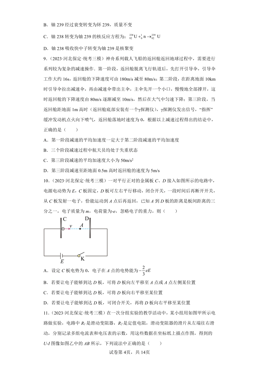 河北省各地区2023年高考物理模拟（三模）题按题型分类汇编-01选择题（单选题）（含解析）