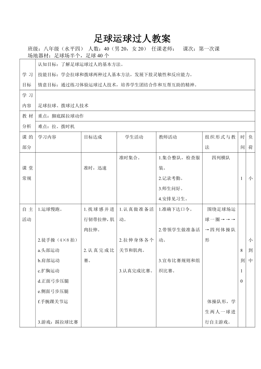 初中体育与健康 足球运球过人 教案（表格式）