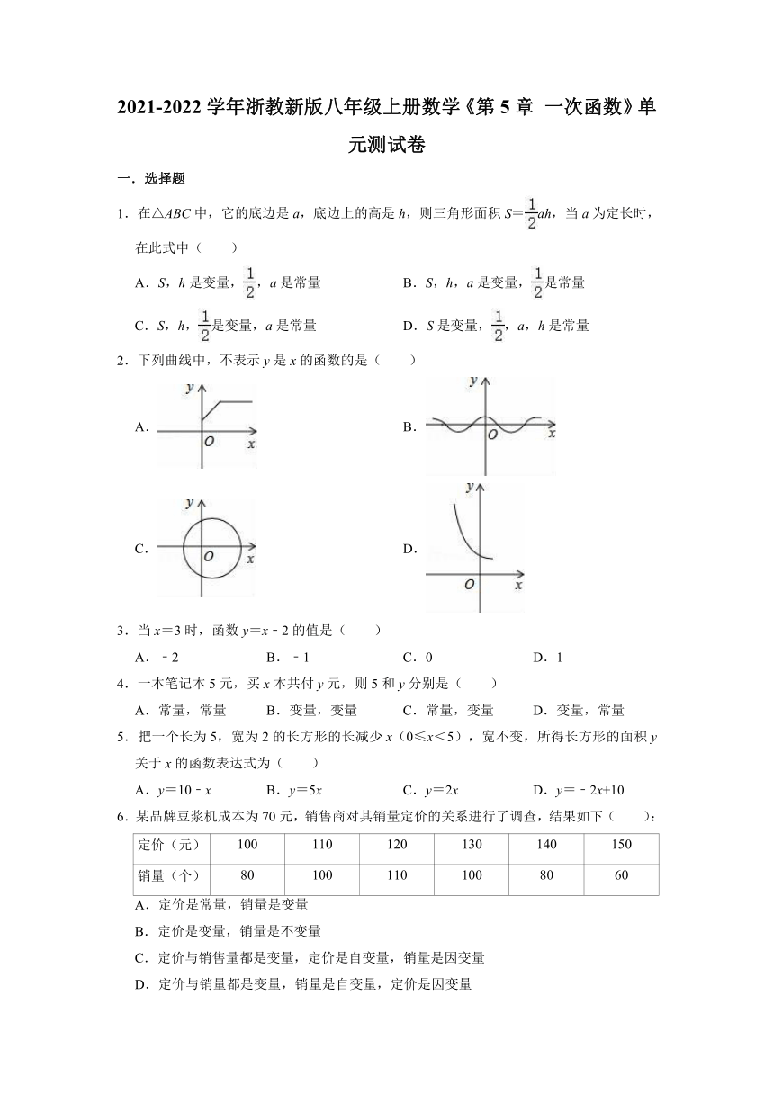 2021-2022学年浙教版八年级上册数学第5章 一次函数 单元测试卷（word版含解析）