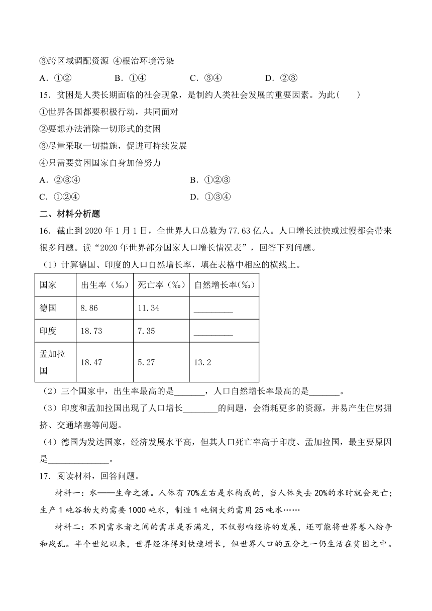 8.2.1 世界面临的资源问题 同步练习——2020-2021学年人教版历史与社会九年级下册(含答案)