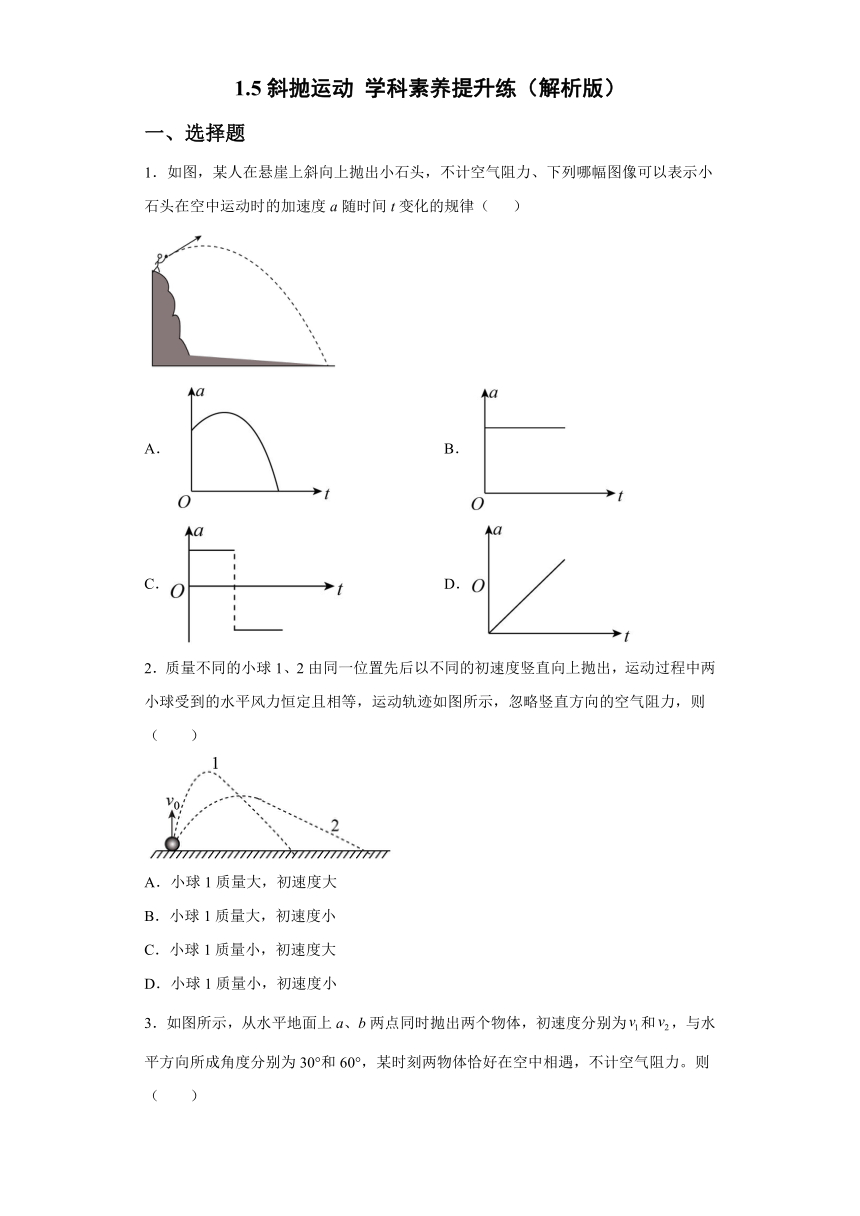 1.5斜抛运动 学科素养提升练-2021-2022学年高一下学期物理教科版（2019）必修第二册（word含答案）