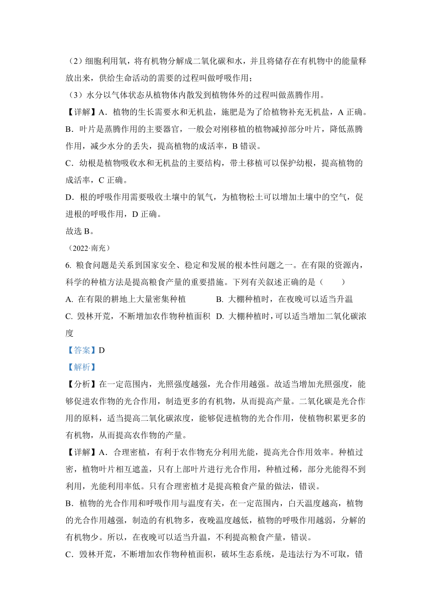 专题04 绿色植物的蒸腾作用、光合作用和呼吸作用（答案和试题未分开）2022年中考生物真题 （全国通用）