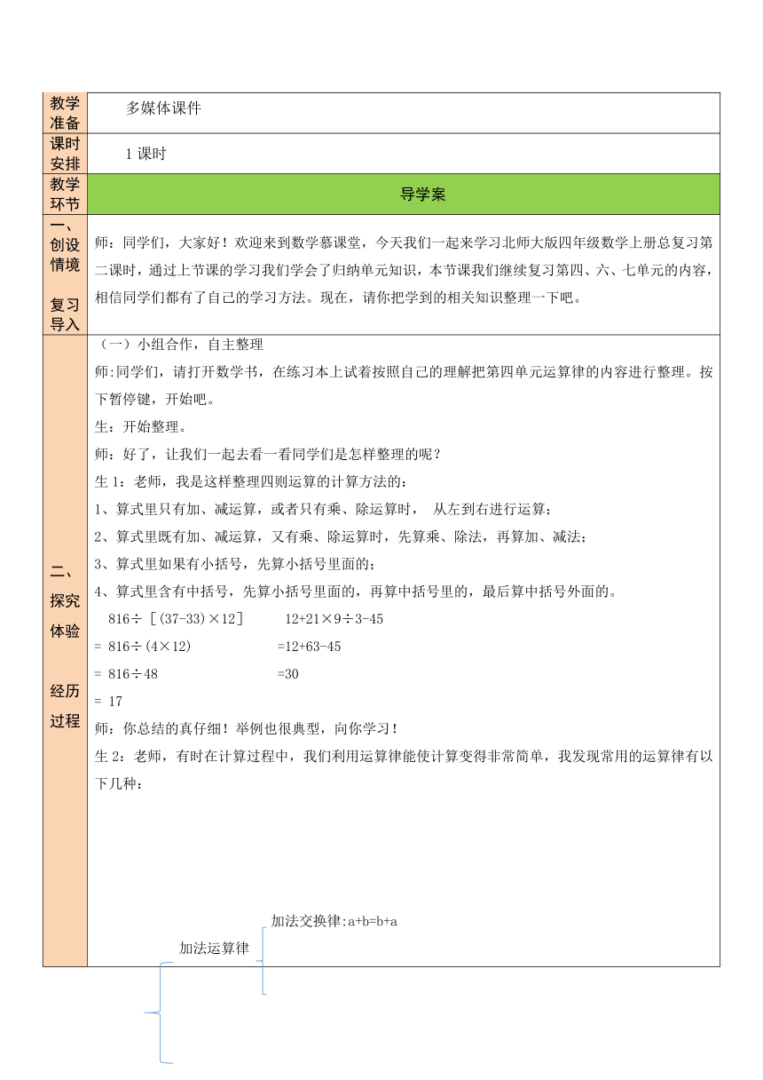 总复习-数与代数 （教案）数学四年级上册  北师大版（表格式）