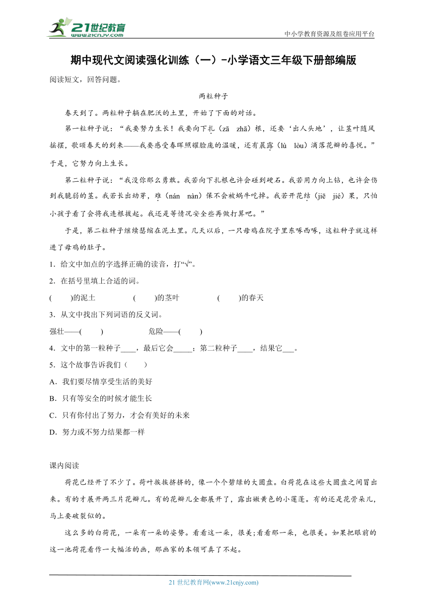 -部编版小学语文三年级下册期中现代文阅读强化训练（一）（含答案）