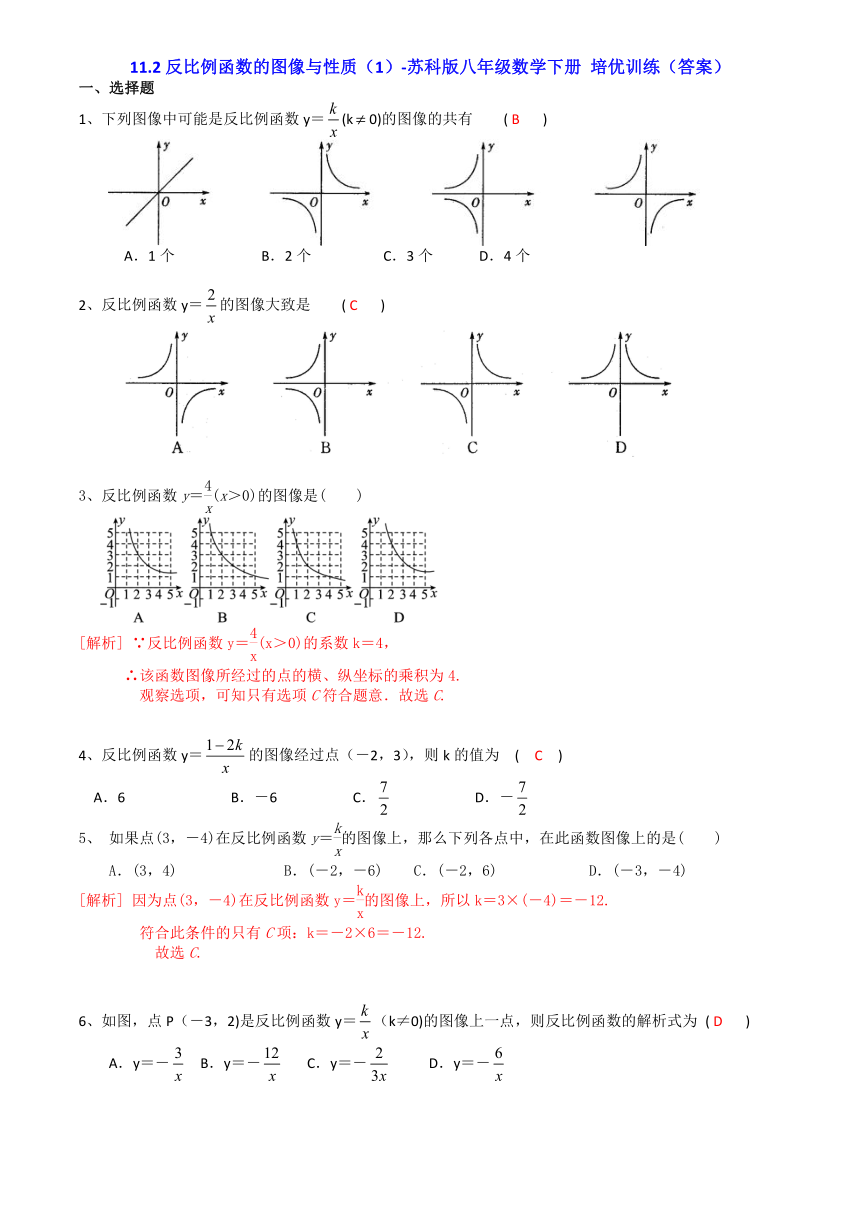 2020-2021学年苏科版八年级数学下册11.2反比例函数的图像与性质（1）-培优训练（word版含答案）