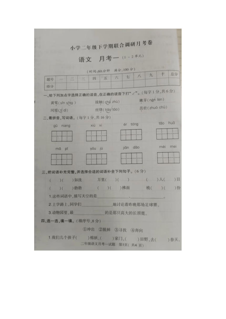 河南省信阳市2023-2024学年二年级下学期月考语文试题（图片版 无答案）