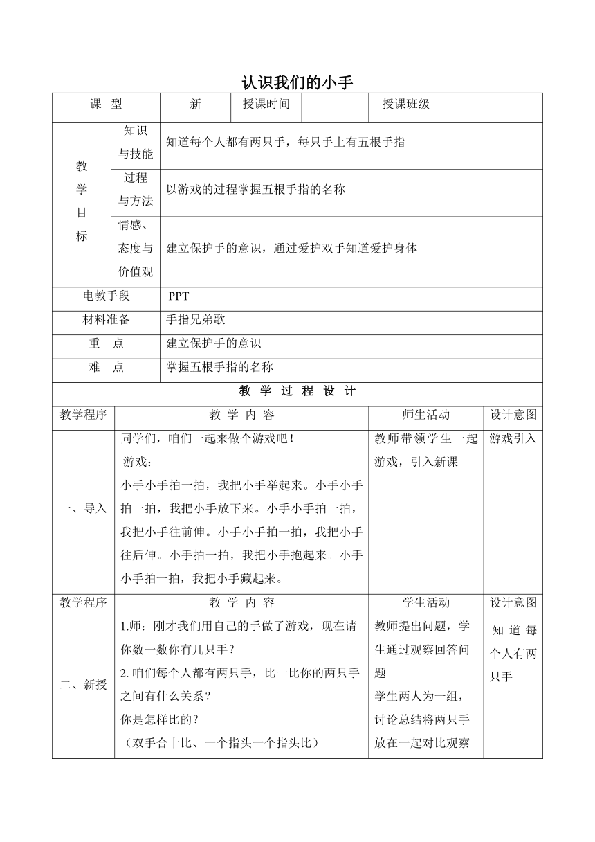 第四单元 主题活动一 认识我们的小手 教案（表格式）