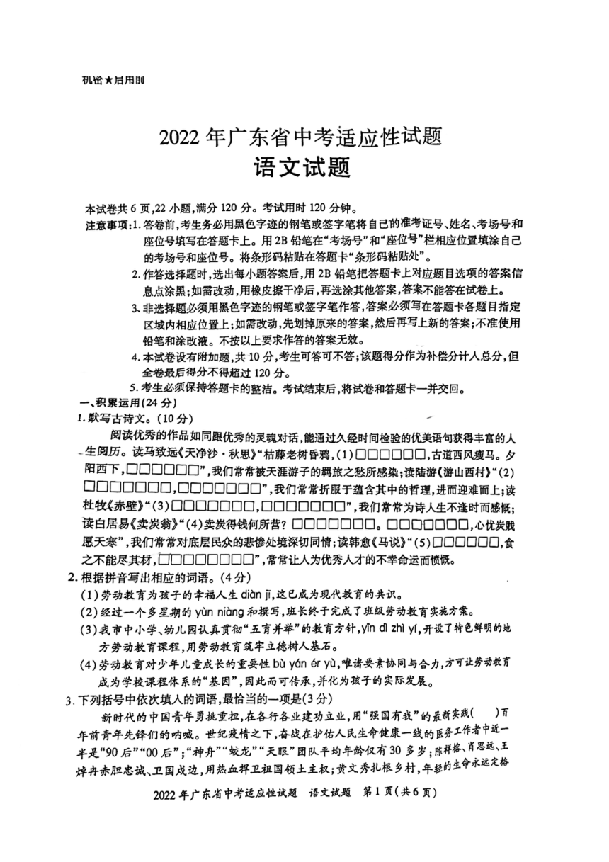 2022广东省佛山市顺德区大良街道初三下学期三模语文试题（pdf版无答案）