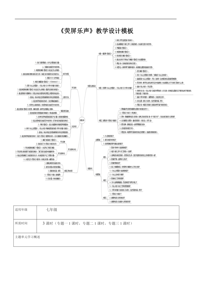 人教版音乐七年级下册第六单元《荧屏乐声》主题单元教学设计（3课时，表格式）