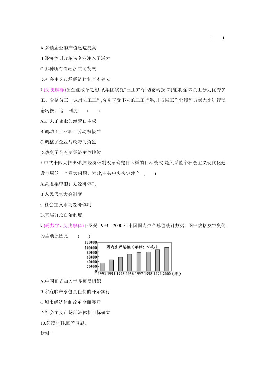部编版中国历史八年级下册同步课时练习：第8课　经济体制改革（含答案）