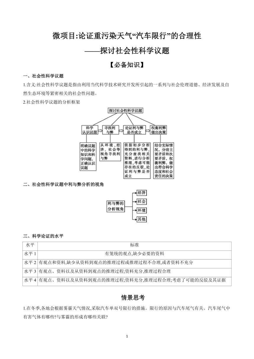 第3章 微项目 论证重污染天气“汽车限行”的合理性——探讨社会性科学议题   学案（含答案）2023-2024学年高一化学鲁科版（2019）必修第一册