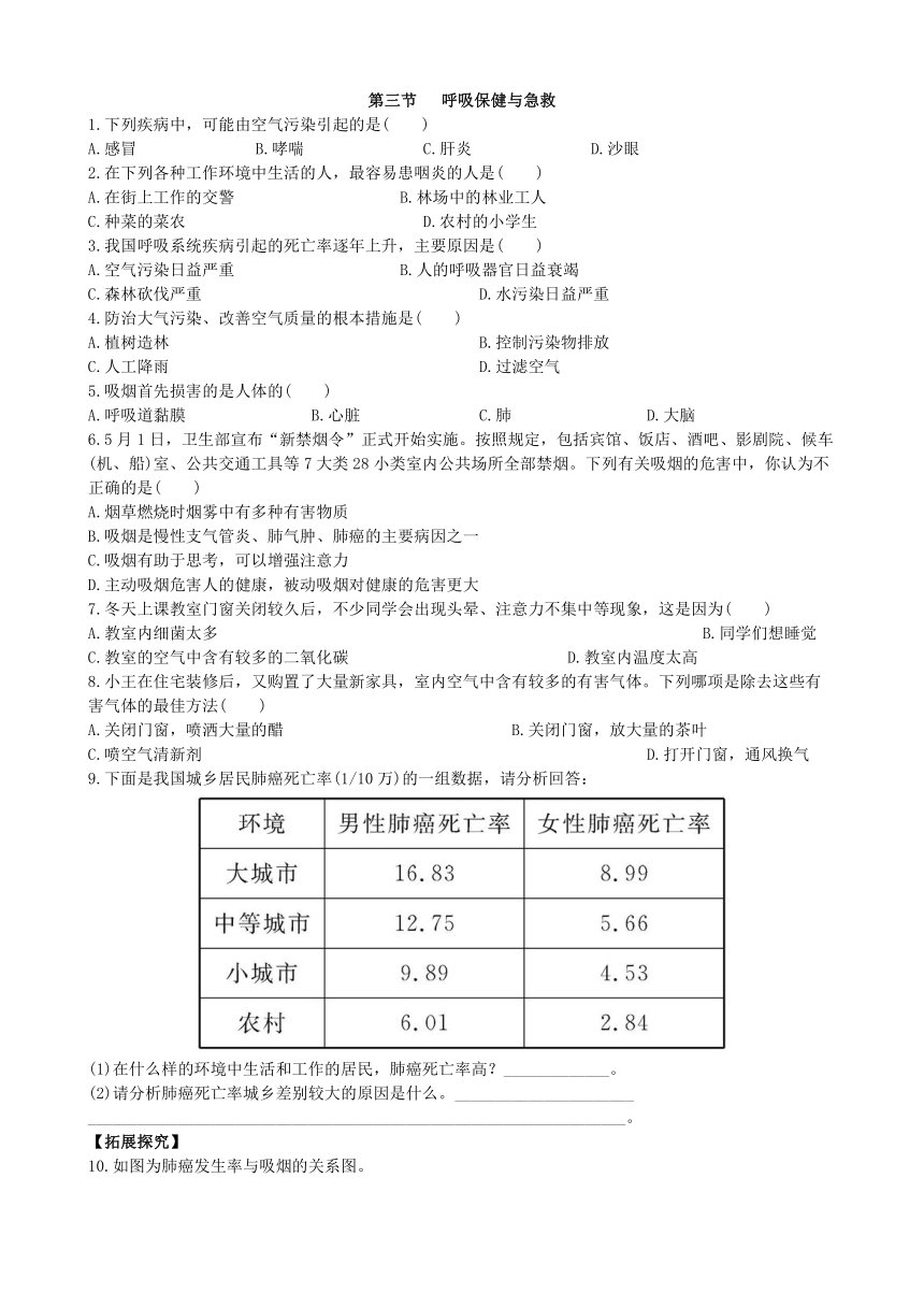 济南版生物七年级下册 3.2.3呼吸保健与急救 练习（word版，含解析）