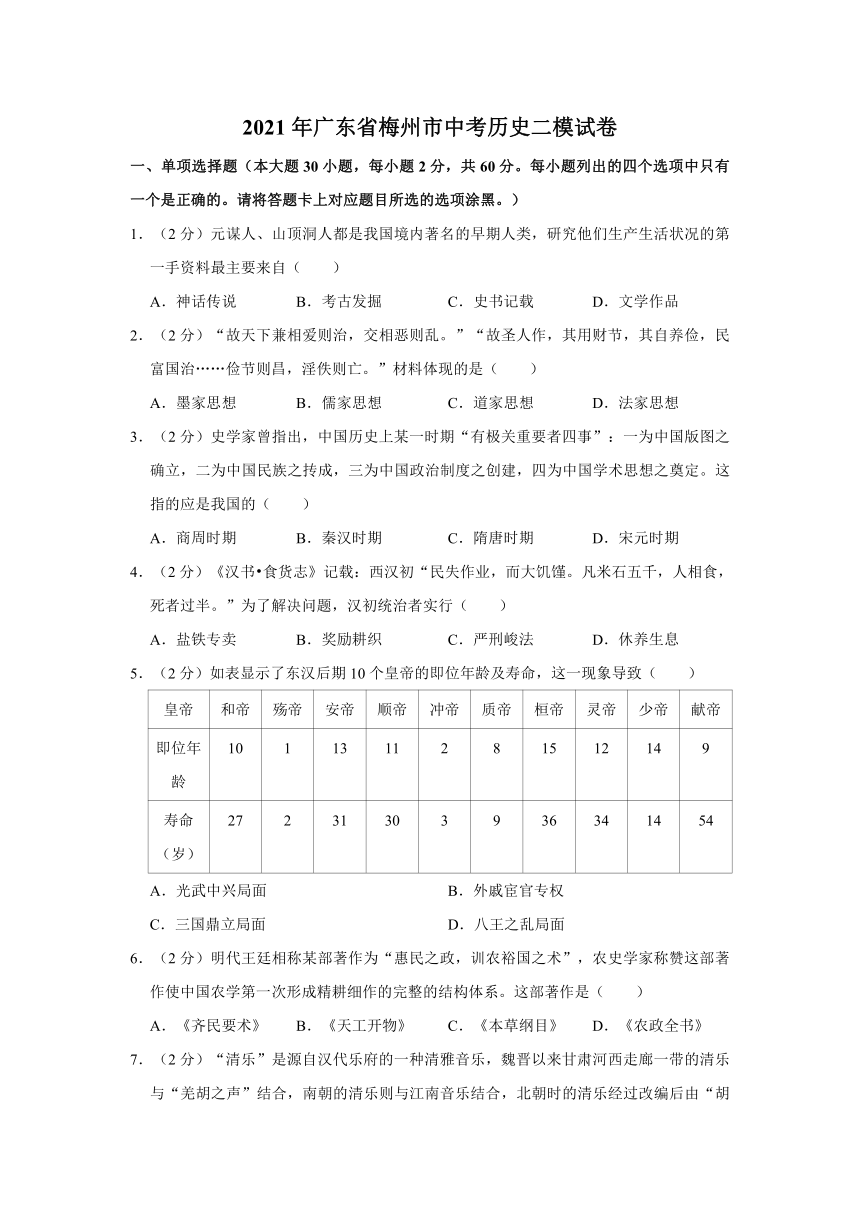 2021年广东省梅州市中考历史二模试卷（含解析）