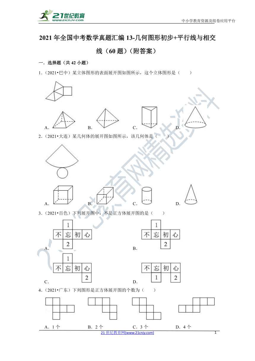 2021年全国中考数学真题汇编13 几何图形初步平行线与相交线（60题）（附答案）