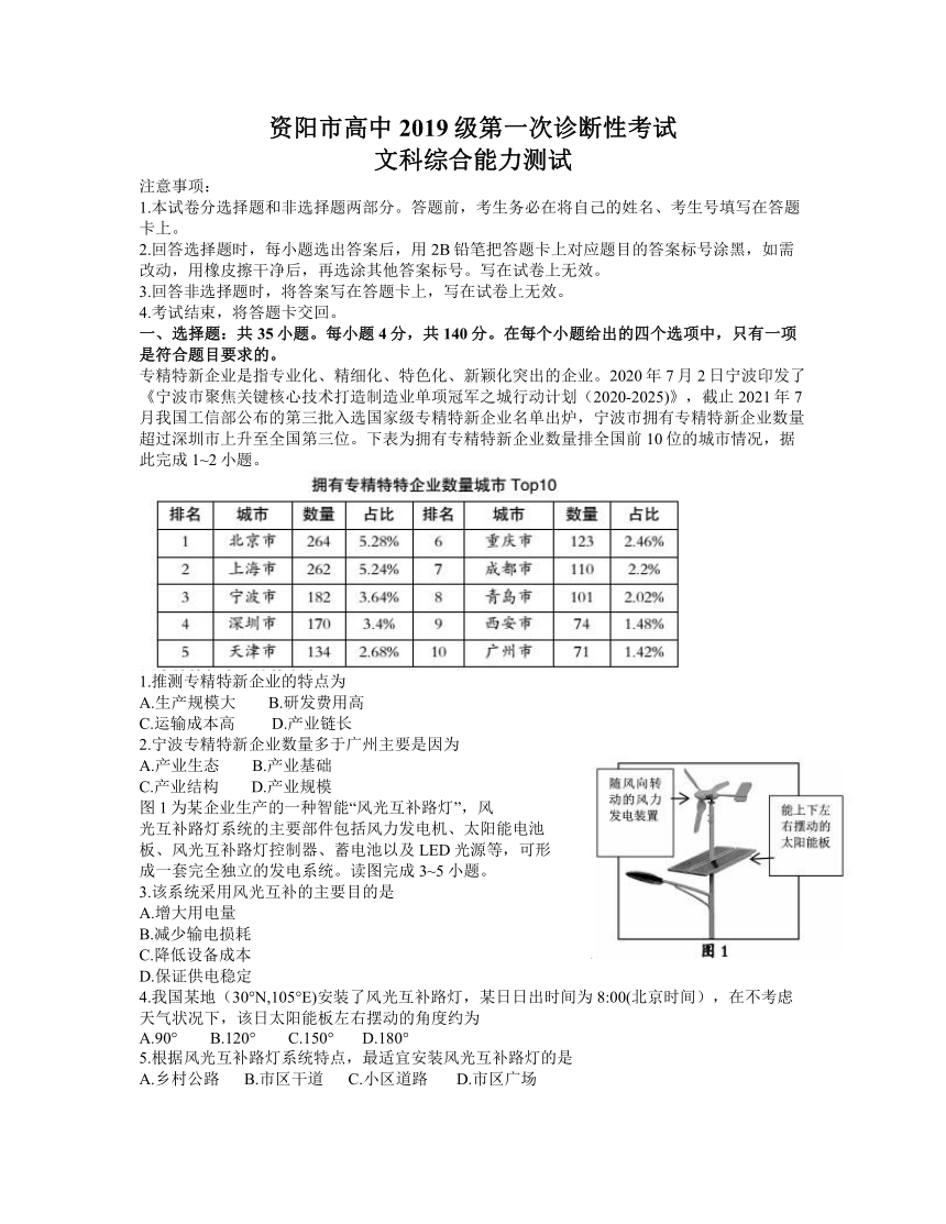 四川省资阳市2022届高三上学期第一次诊断考试（11月）文科综合试题（Word版含答案）