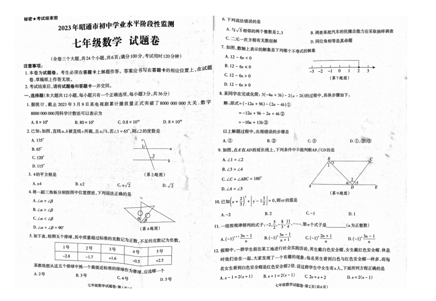 云南省昭通市镇雄县2022-2023学年七年级下学期7月期末数学试题（pdf、无答案）