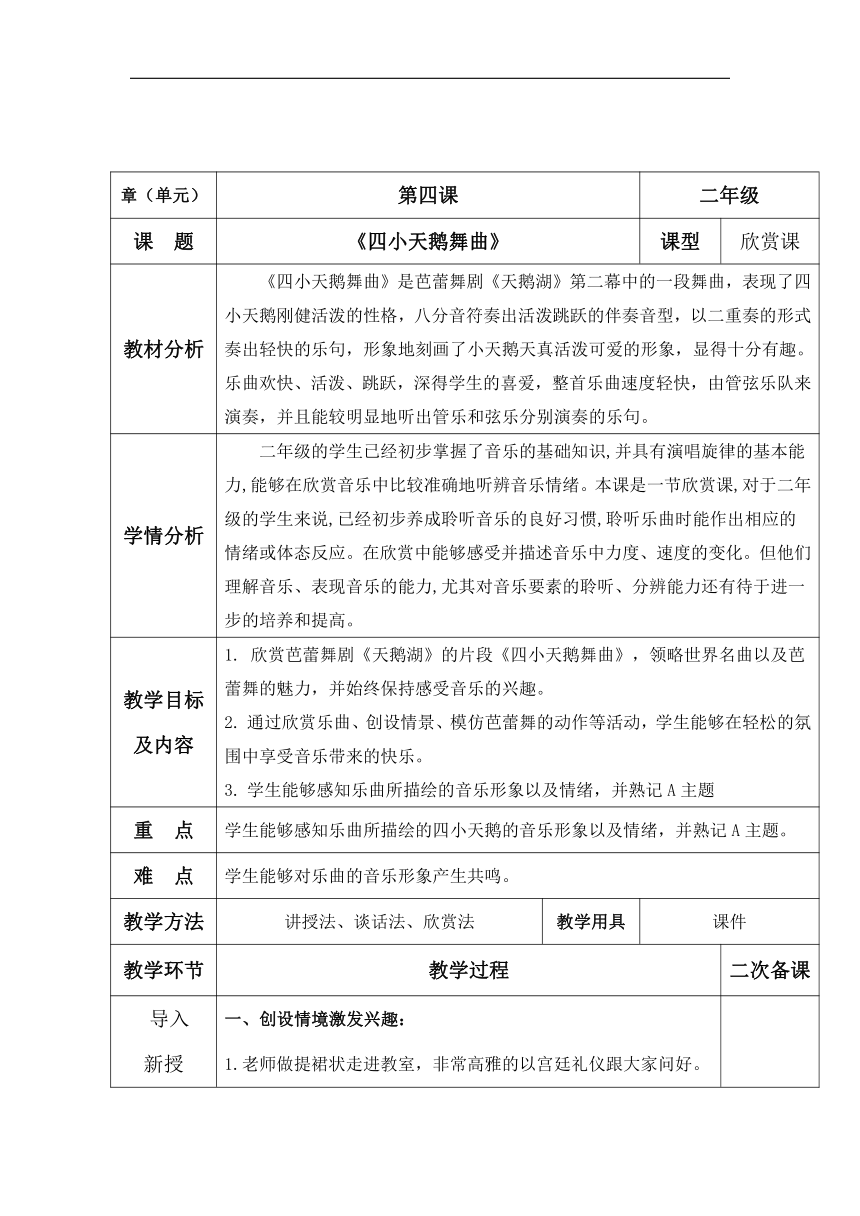 湘文艺版二年级音乐下册 第5课《（听赏）四小天鹅》教学设计