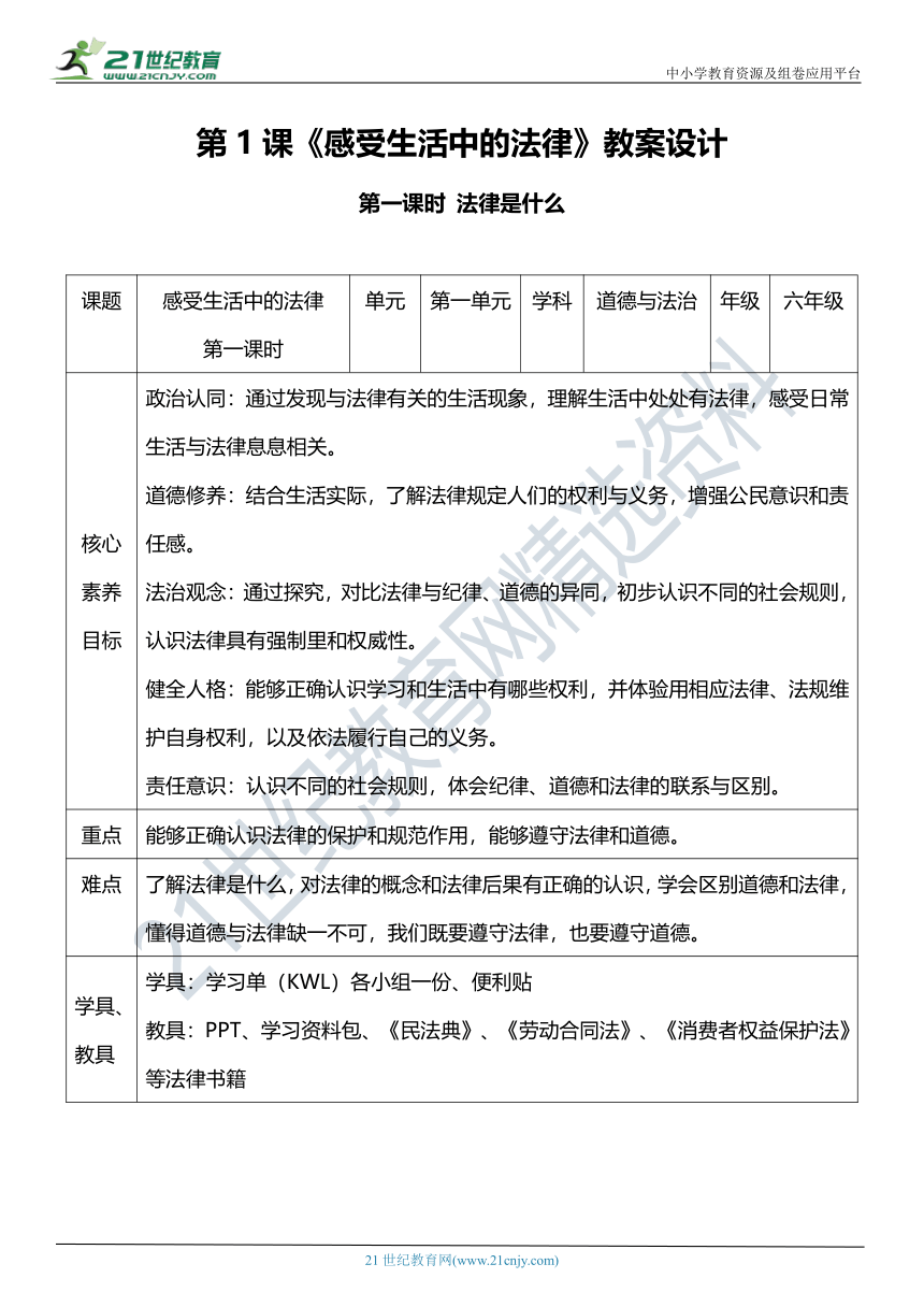 【核心素养目标】1 感受生活中的法律 第一课时 教案