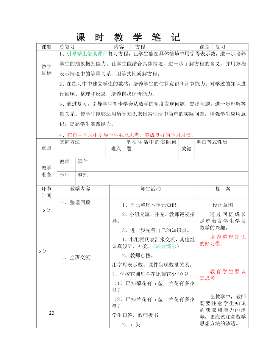 总复习-方程（教案） 数学四年级下册-北师大版（表格式）