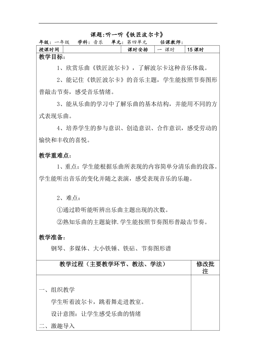 沪教版一年级音乐下册《音乐·简谱》第4单元《听一听  《铁匠波尔卡》》教学设计